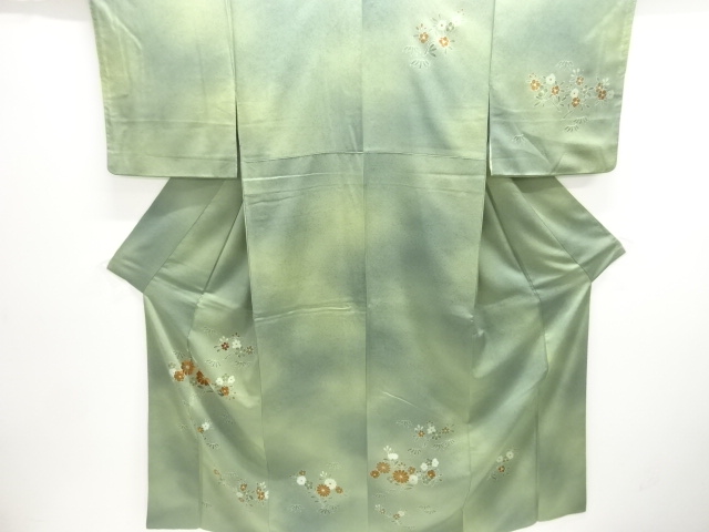 訪問着　フルセット　付け下げ　小紋　着物　正絹　レトロ　金花緑グレー　O10 訪問着 フルセット 付け下げ 小紋 着物 正絹 レトロ 金花緑